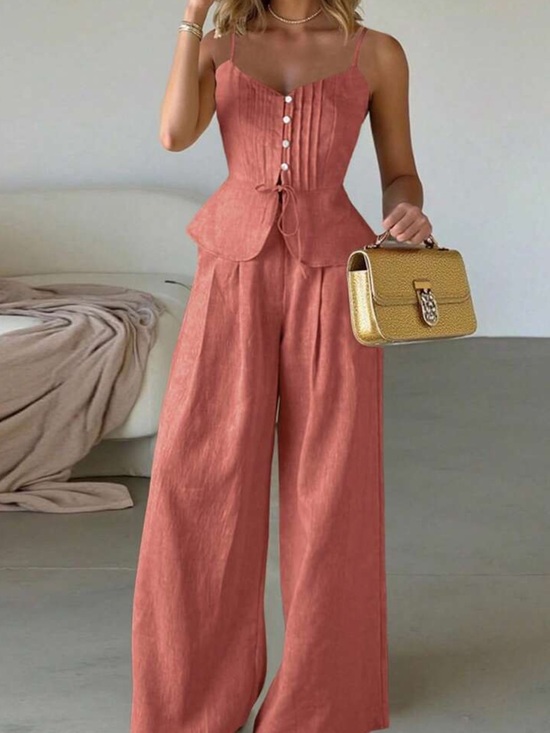 Pants - Orange 2 Piece Wide-Leg Pants with Structured Corset Bodice Top Set